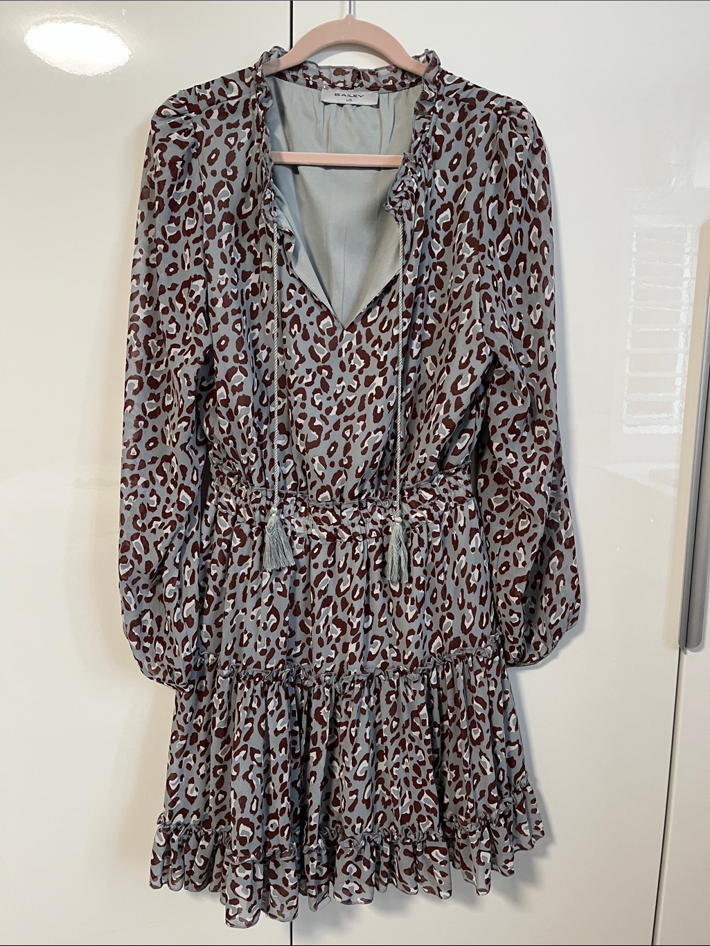Bailey Nwot Leopard-Print Long-Sleeve Tiered Dress Gray Brown Tassles, Size L